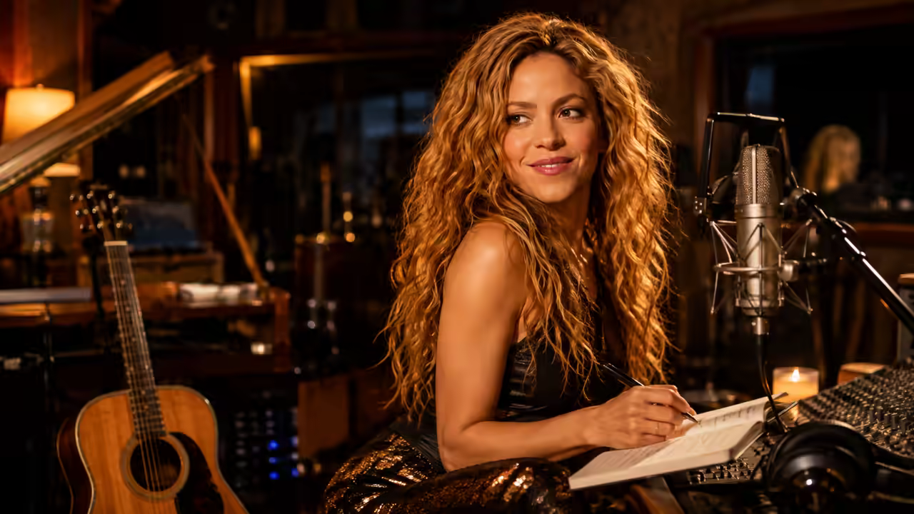 Shakira en un estudio de grabación trabajando en canciones y música