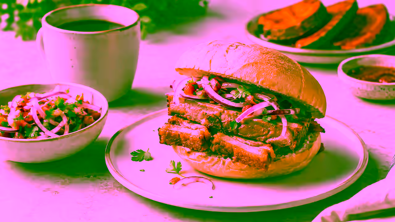 Pan con chicharrón peruano con pan crujiente y salsa criolla en Chile