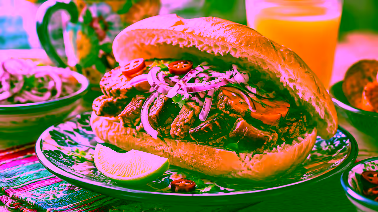 Pan con chicharrón peruano servido con camote y salsa criolla en México