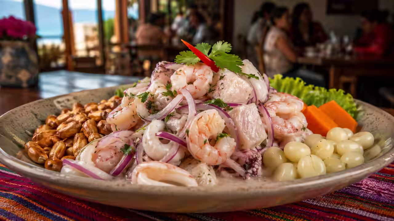 Ceviche mixto peruano: mariscos, frescura y equilibrio: imagen editorial original para PE