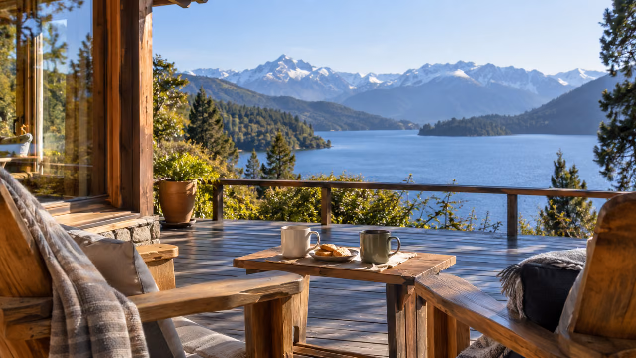 Ilustración fotográfica: Terraza de cabaña frente a un lago de montaña