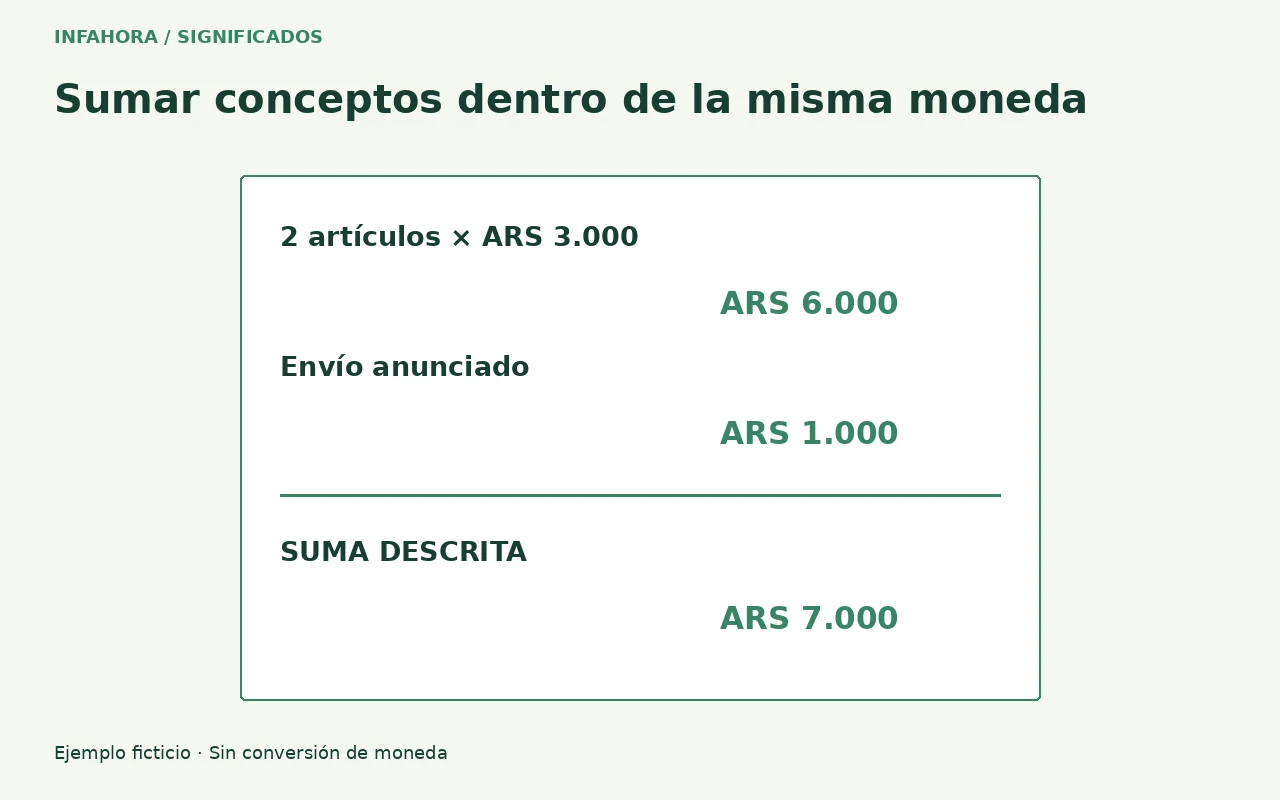 Ejemplo: dos artículos de ARS 3.000 más un envío de ARS 1.000 suman ARS 7.000.