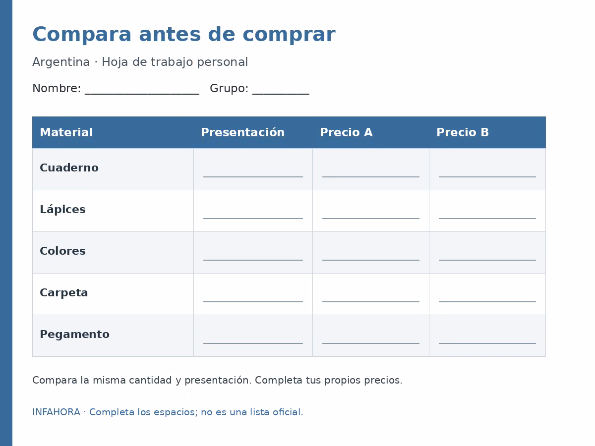 Compara antes de comprar: plantilla para completar.