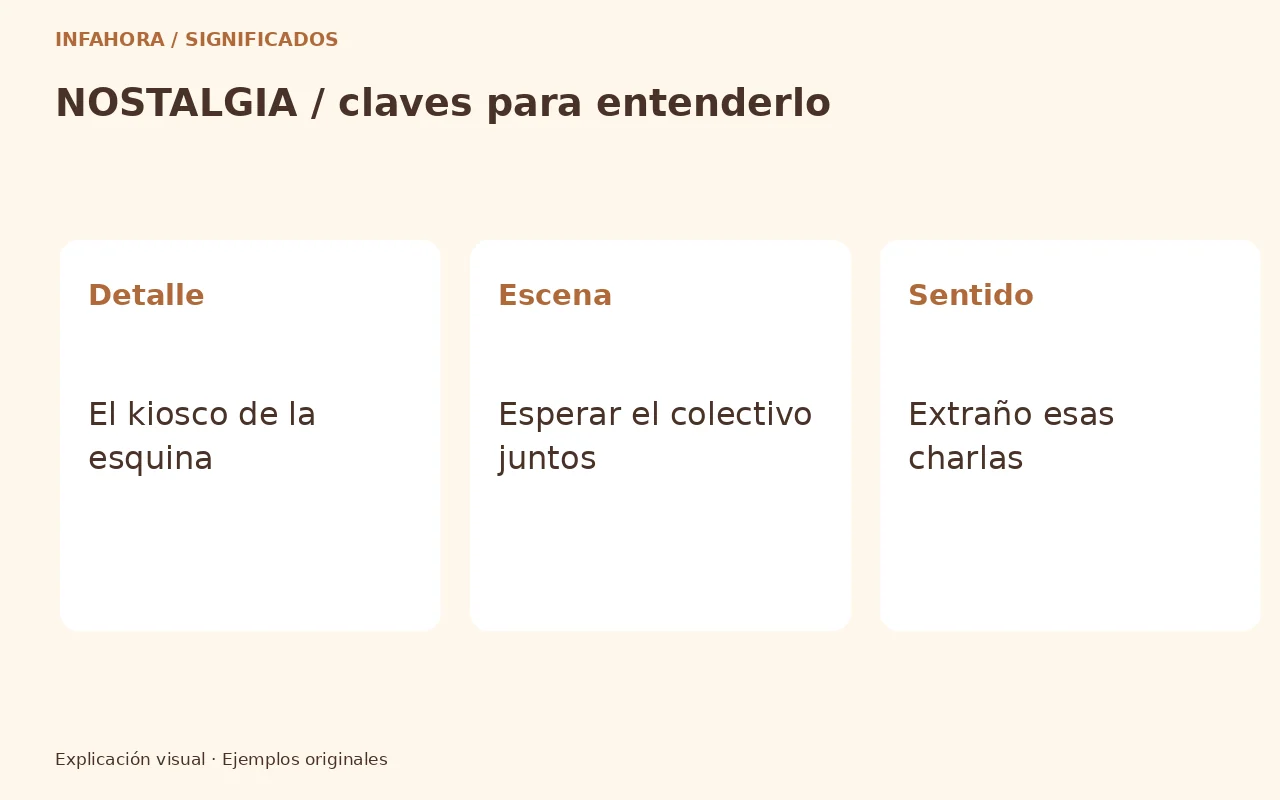 Detalle: El kiosco de la esquina; Escena: Esperar el colectivo juntos; Sentido: Extraño esas charlas. Ejemplo explicativo.