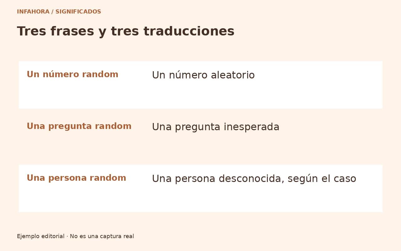 Ejemplo original: Un número random: Un número aleatorio. Una pregunta random: Una pregunta inesperada. Una persona random: Una persona desconocida, según el caso.