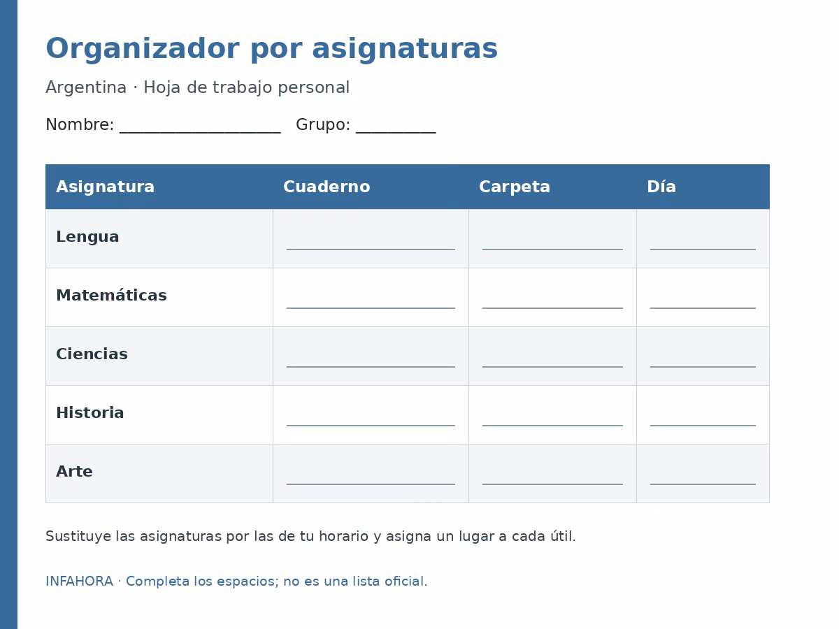 Organizador por asignaturas: plantilla para completar.