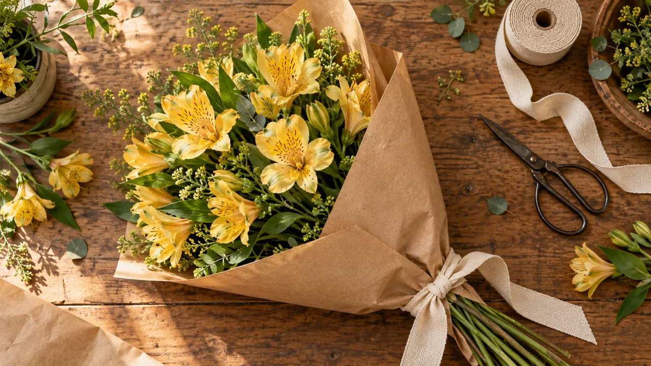 Cómo envolver ramos de flores amarillas con papel y cinta