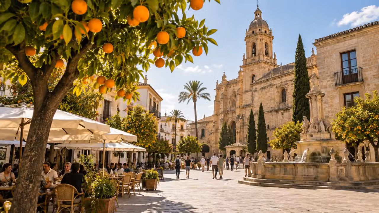 Ilustración fotográfica: Plaza mediterránea con naranjos y arquitectura de piedra