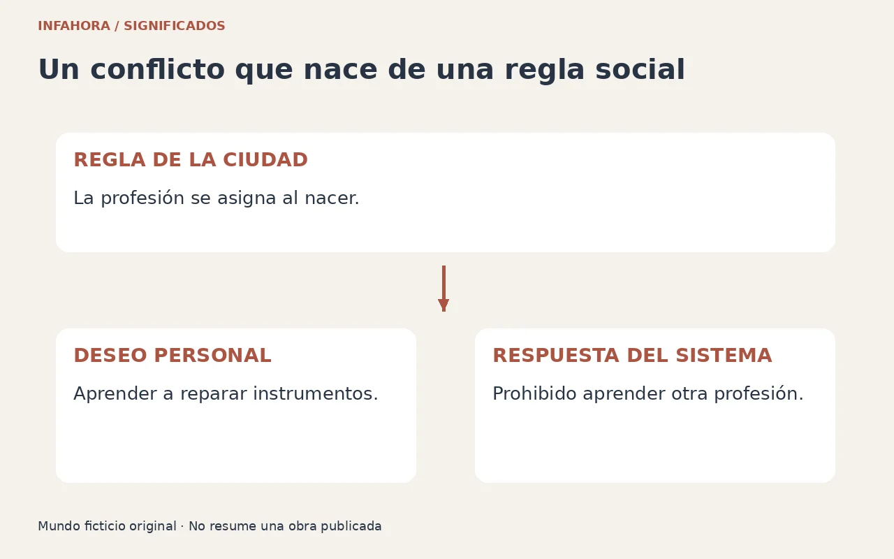 Una ciudad ficticia asigna profesiones al nacer e impide que una persona aprenda otra.