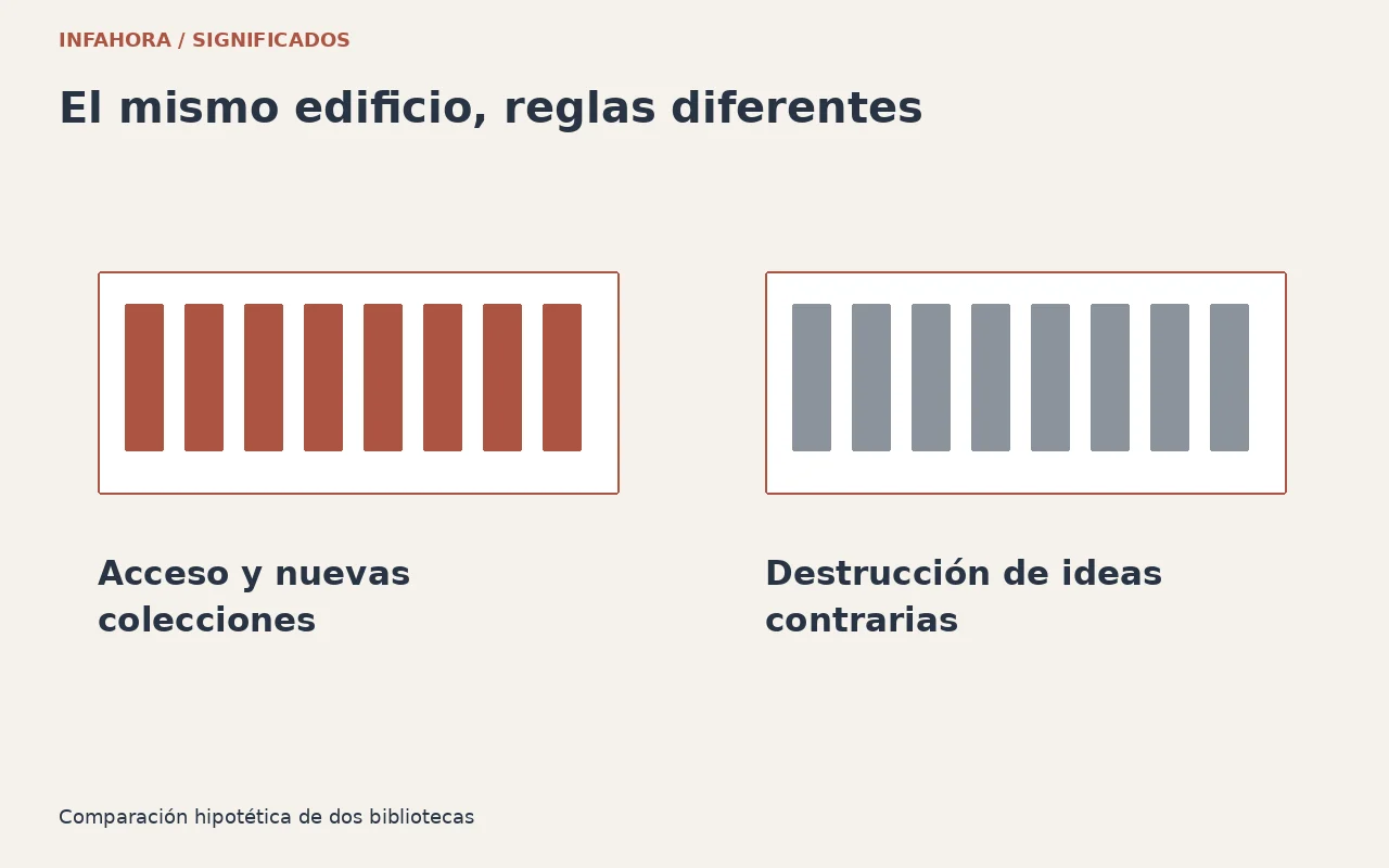 Dos bibliotecas hipotéticas contrastan acceso al conocimiento y eliminación de ideas contrarias.