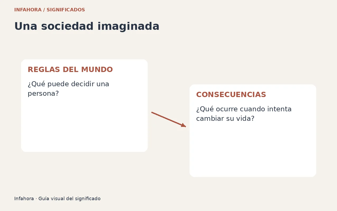 Una sociedad imaginada. Reglas del mundo → consecuencias humanas. Gráfica editorial original.