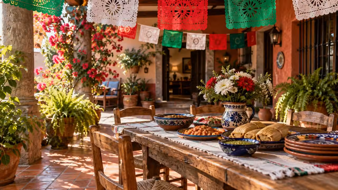 Ilustración fotográfica: Decoración verde, blanca y roja en un patio mexicano