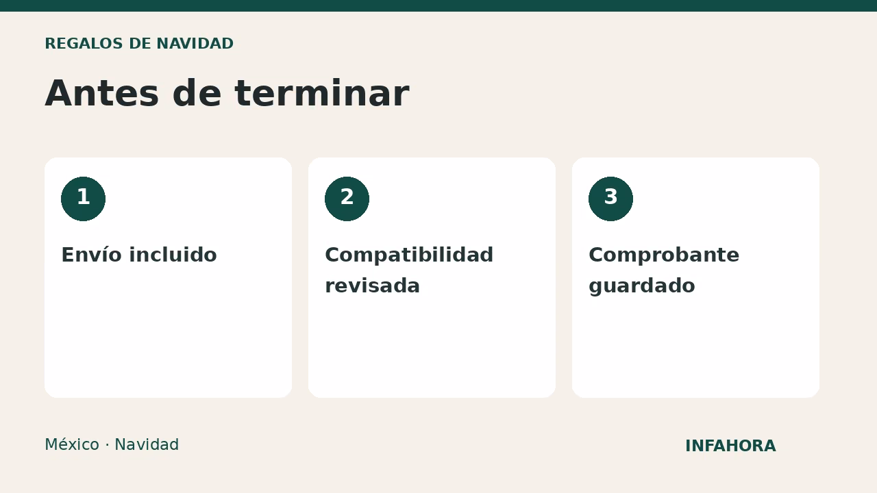 Antes de terminar: Envío incluido, Compatibilidad revisada, Comprobante guardado