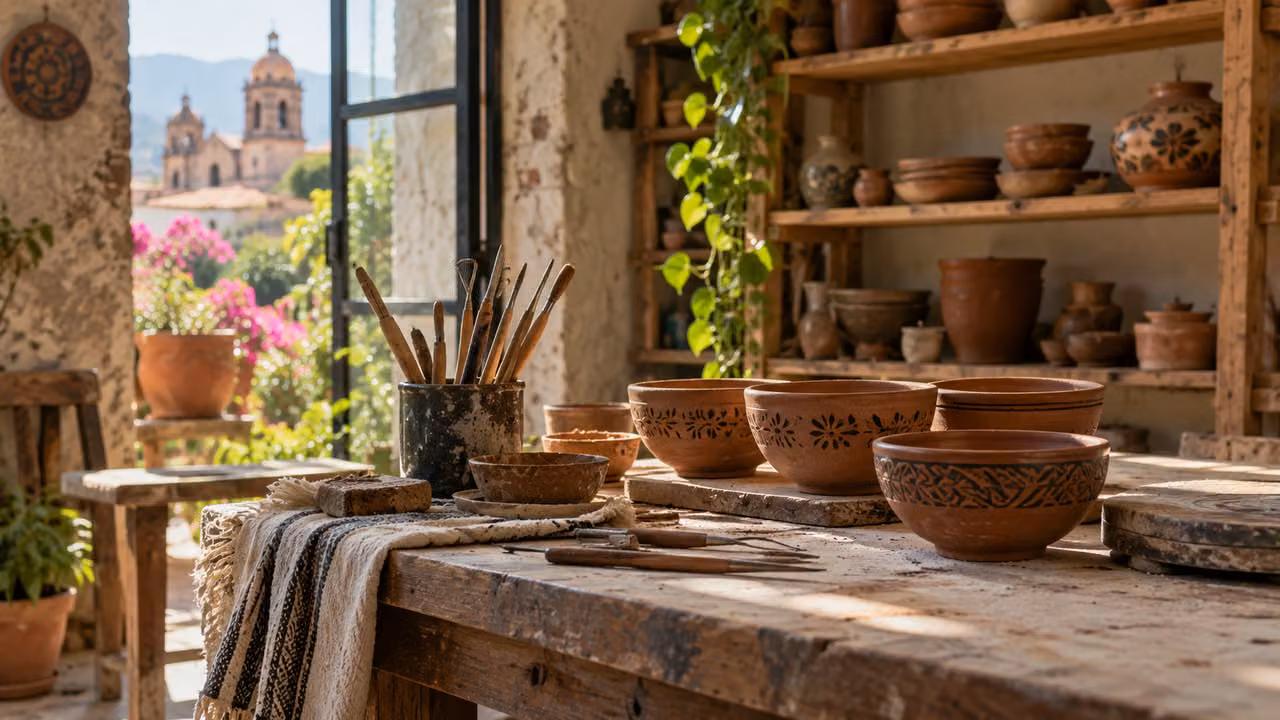 Ilustración fotográfica: Taller de alfarería con piezas de barro y herramientas