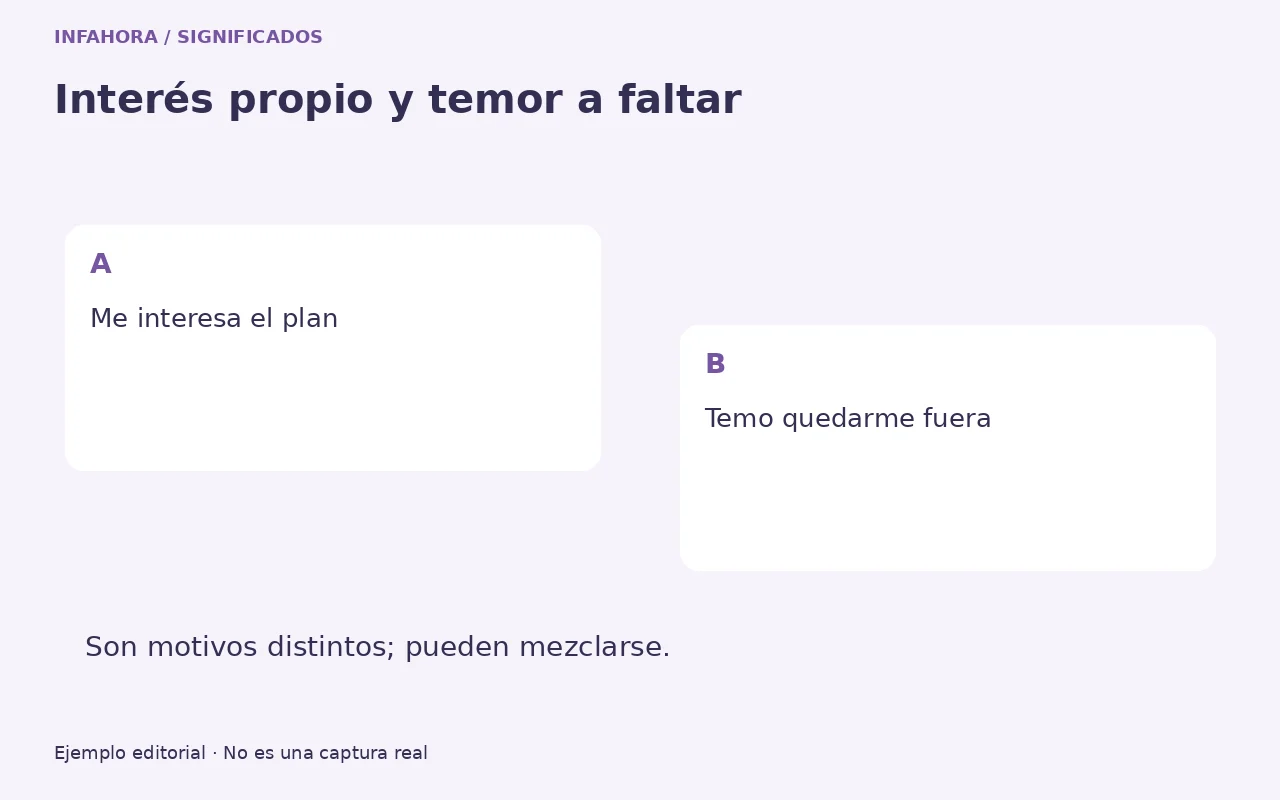 Me interesa el plan. Temo quedarme fuera. Son motivos distintos; pueden mezclarse.