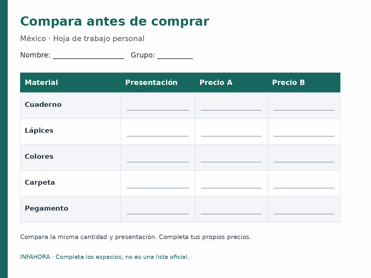 Compara antes de comprar: plantilla para completar.