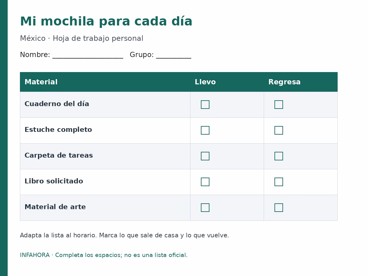 Mi mochila para cada día: plantilla para completar.