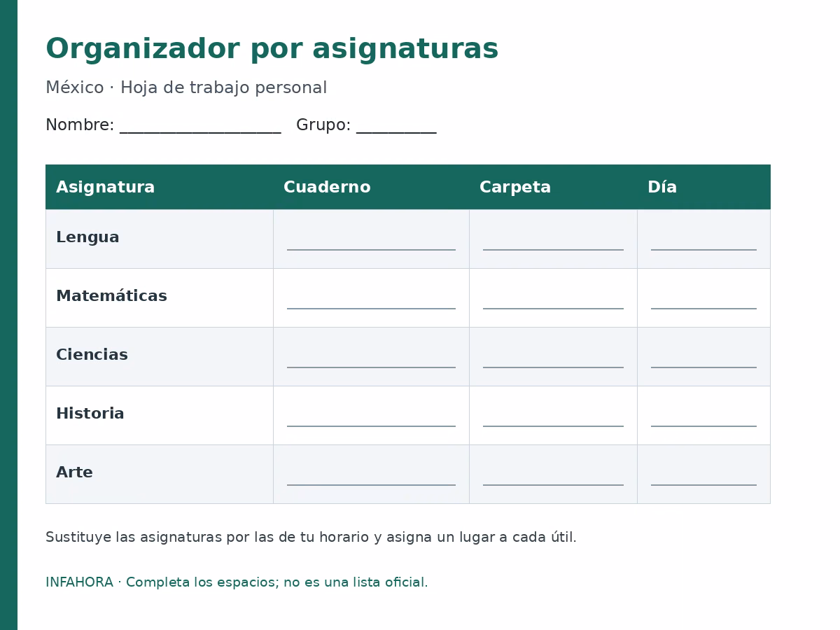 Organizador por asignaturas: plantilla para completar.