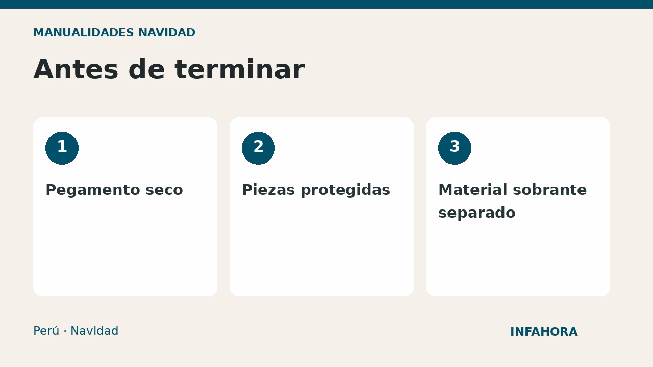 Antes de terminar: Pegamento seco, Piezas protegidas, Material sobrante separado