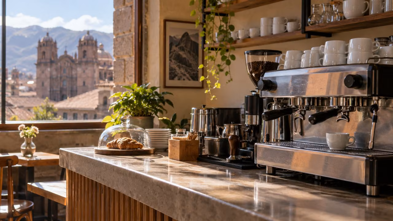 Ilustración fotográfica: Barra de cafetería con máquina de café y tazas