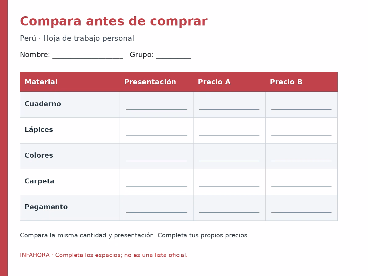 Compara antes de comprar: plantilla para completar.