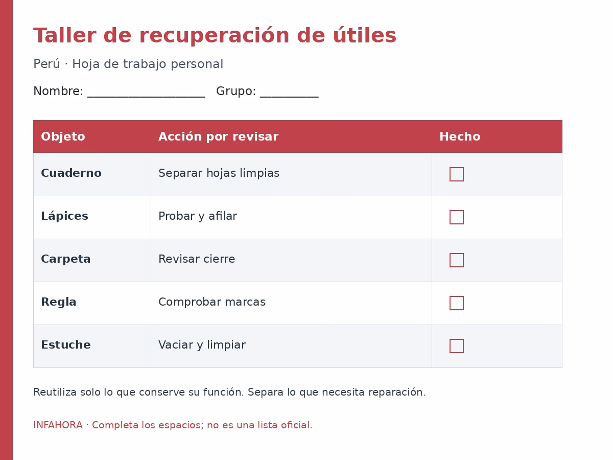 Taller de recuperación de útiles: plantilla para completar.