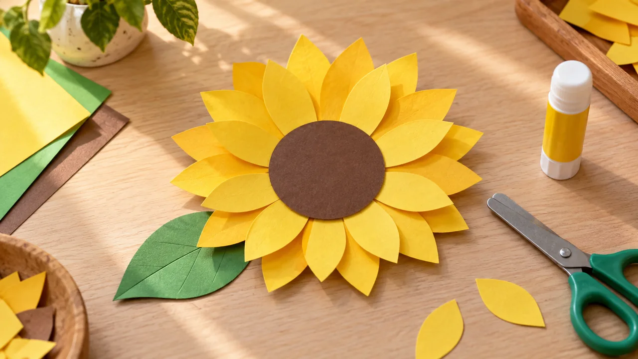 Flores amarillas de papel: un girasol fácil para regalar; ilustración editorial