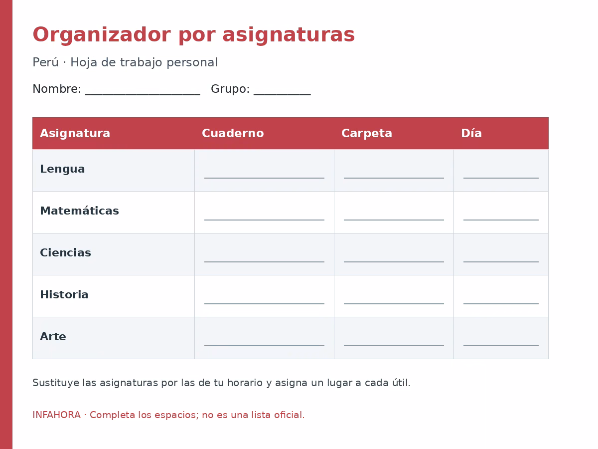 Organizador por asignaturas: plantilla para completar.