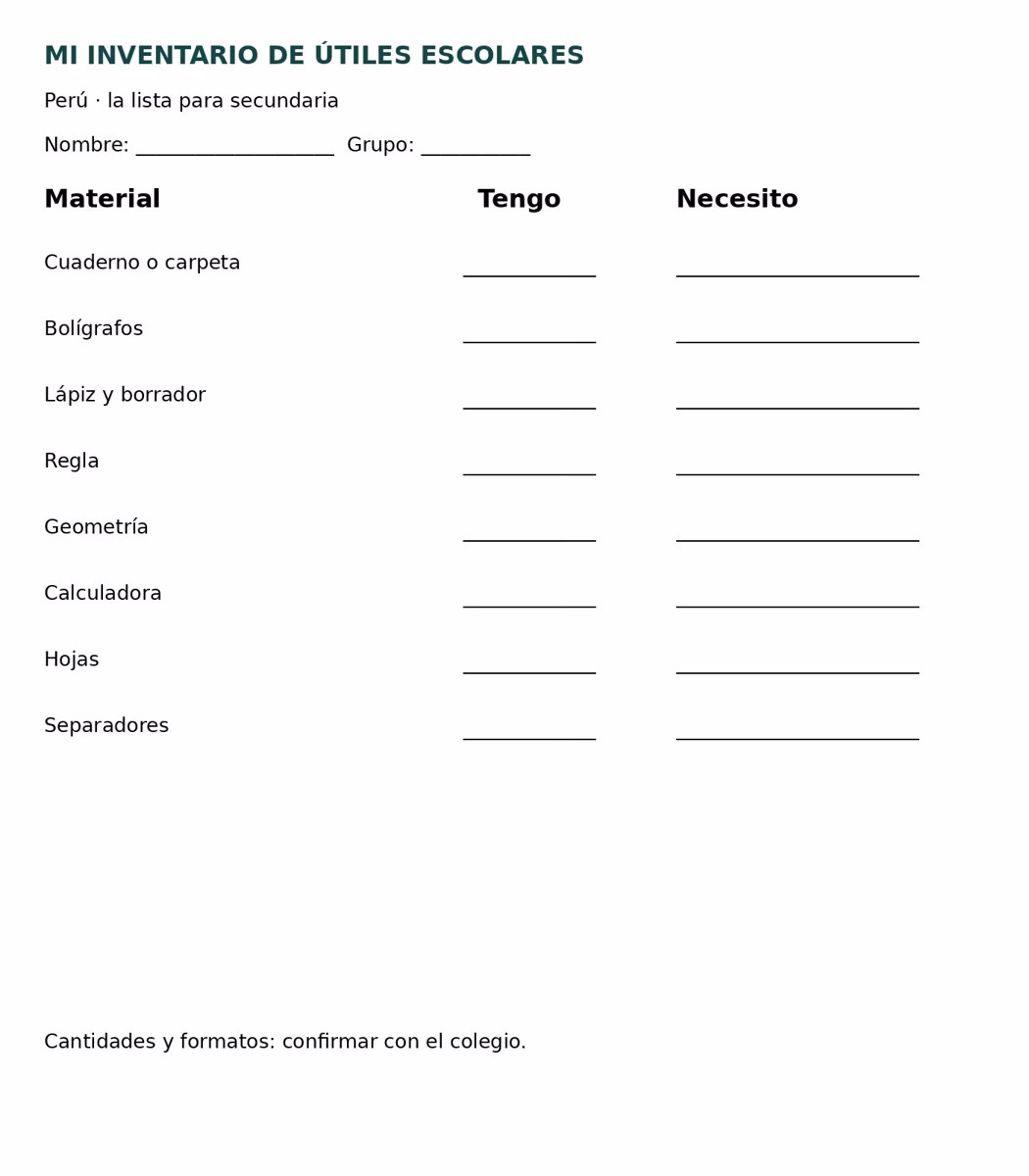 Inventario personal: anota lo que tienes y lo que necesitas.