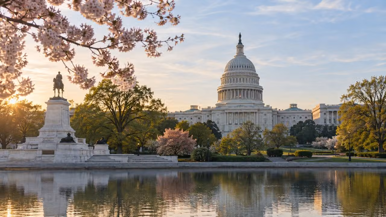 Ilustración fotográfica: Arquitectura neoclásica de Washington entre jardines