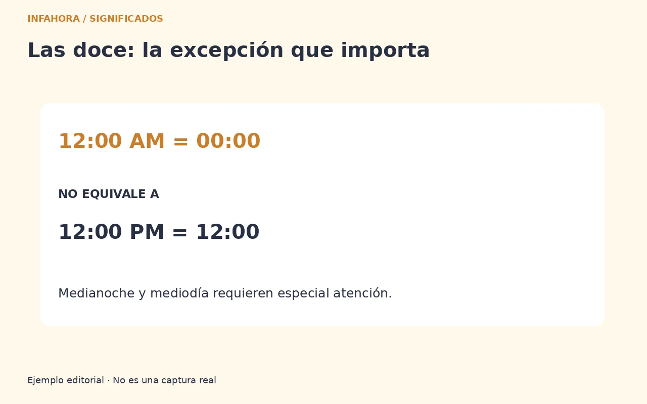 12:00 AM = 00:00. 12:00 PM = 12:00. Medianoche y mediodía requieren especial atención.
